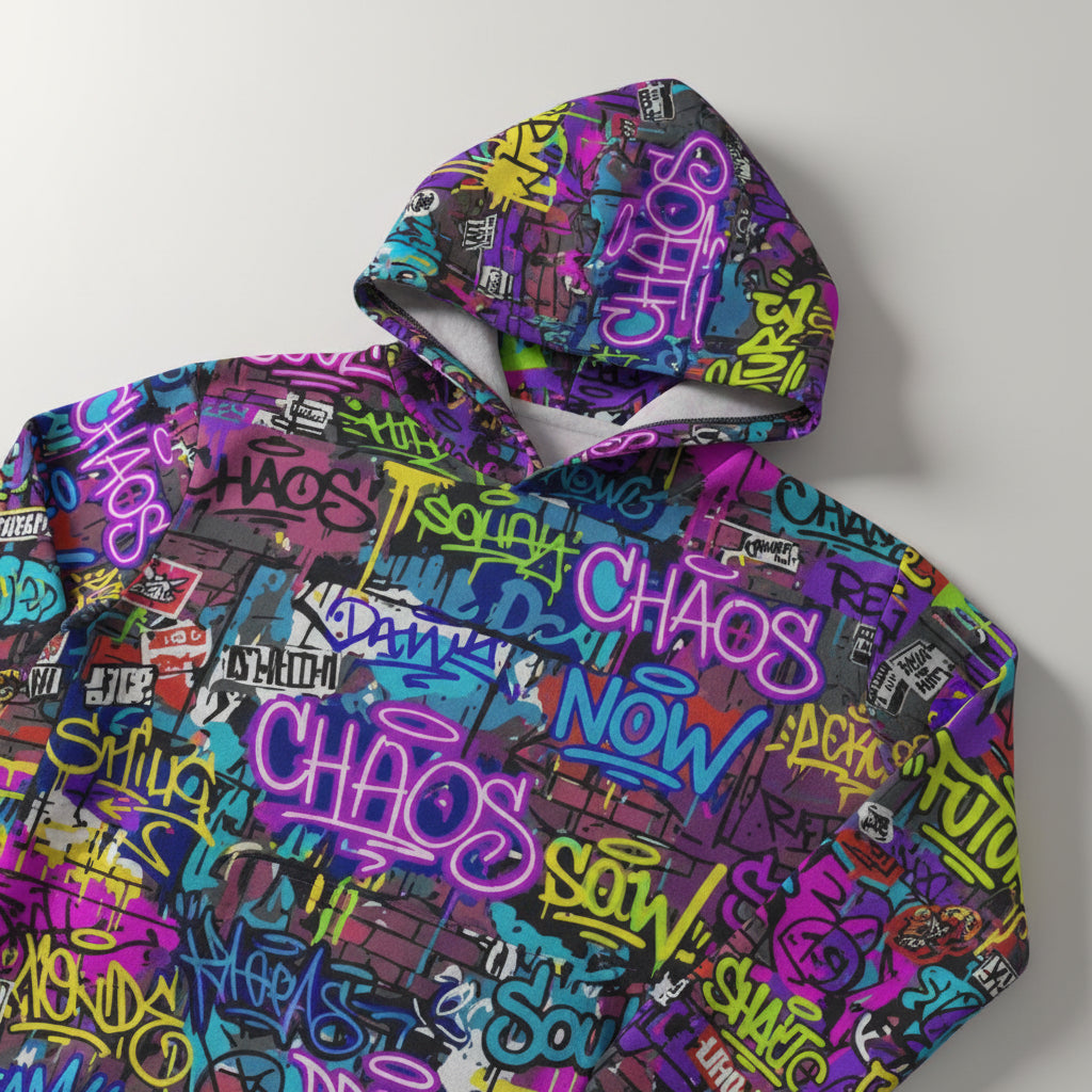 Graffiti Chaos Hoodie — Neon Street Art All - Over Print Warmup Hoodie - Aesthetic Rebellion