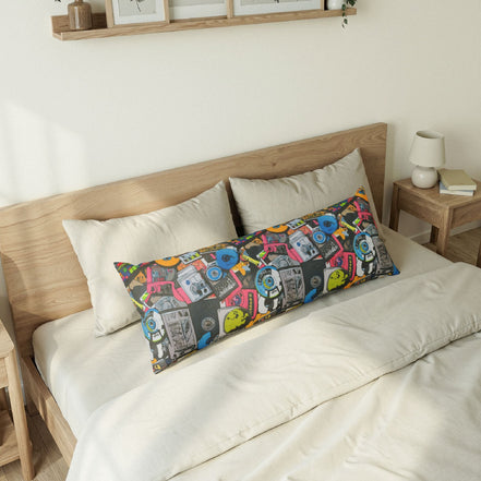 Graffiti Collage AOP Body Pillow — Graffiti-style street art print in vivid multicolor tones. Unisex home decor with dopamine dressing, eclectic maximalism, main character energy style. Aesthetic Rebellion.