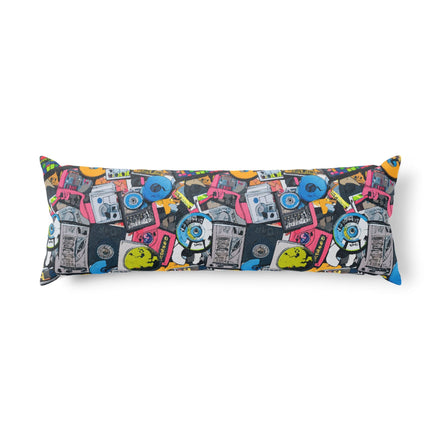 Graffiti Collage AOP Body Pillow — Graffiti-style street art print in vivid multicolor tones. Unisex home decor with dopamine dressing, eclectic maximalism, main character energy style. Aesthetic Rebellion.
