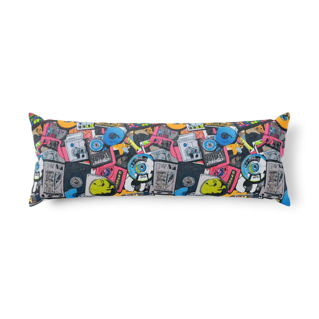 Graffiti Collage AOP Body Pillow — Graffiti-style street art print in vivid multicolor tones. Unisex home decor with dopamine dressing, eclectic maximalism, main character energy style. Aesthetic Rebellion.