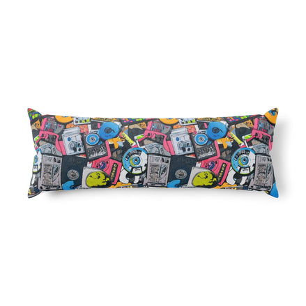 Graffiti Collage AOP Body Pillow — Graffiti-style street art print in vivid multicolor tones. Unisex home decor with dopamine dressing, eclectic maximalism, main character energy style. Aesthetic Rebellion.
