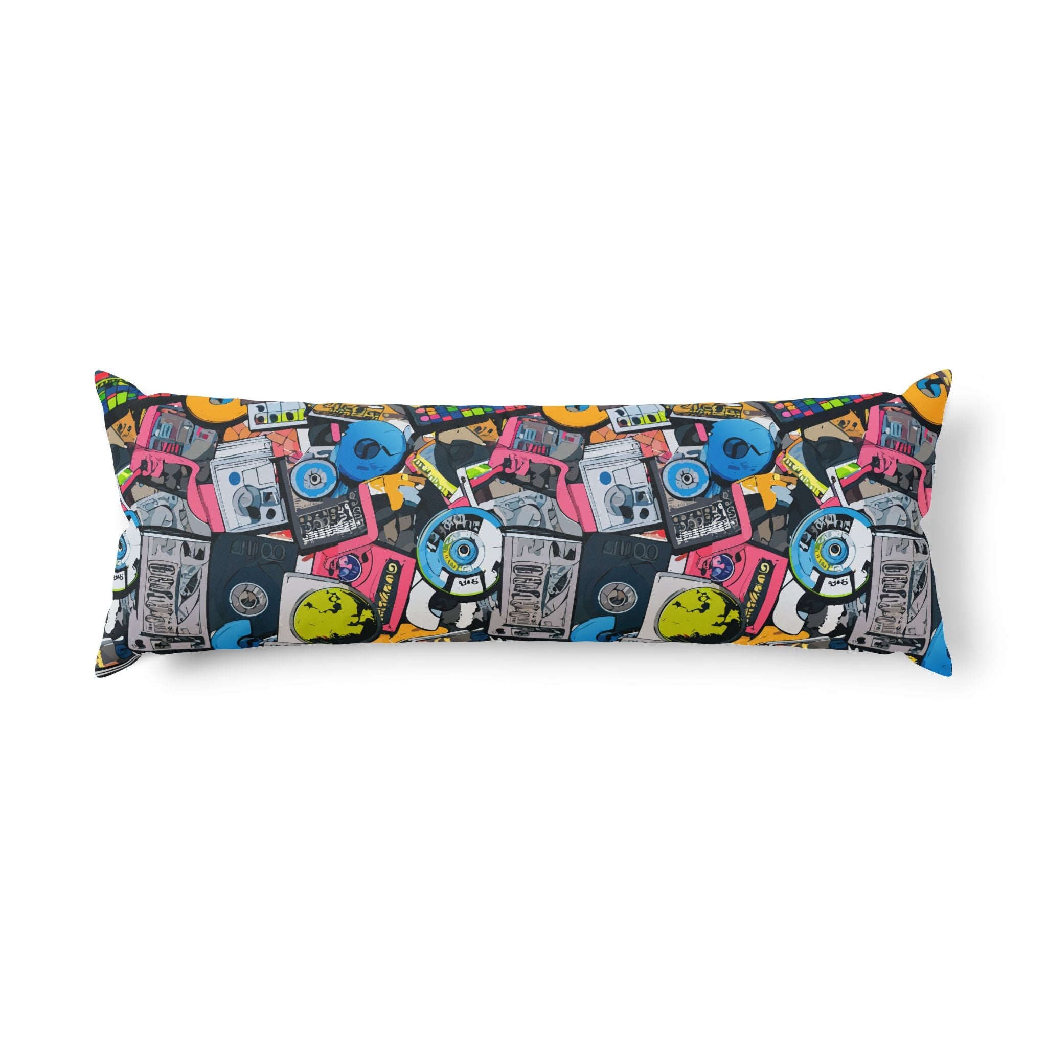 Gadget Pop AOP Body Pillow — long body pillow with retro tech pop art collage AOP featuring boomboxes, vinyl records, cameras, headphones, and skateboards in vivid pink, cyan, and yellow on dark navy. Aesthetic Rebellion.