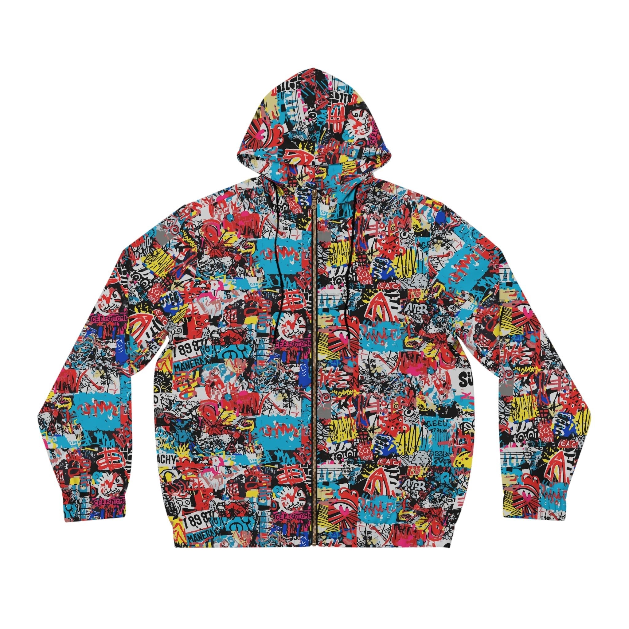 Graffiti Collage Full-Zip Hoodie for Streetwear Collectors — Layered AOP Urban Art Statement, Lightweight Festival Layer - Aesthetic Rebellion