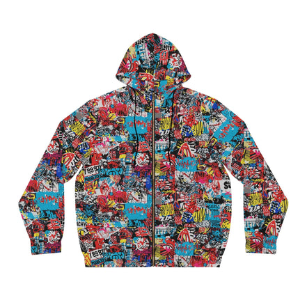 Graffiti Collage Full-Zip Hoodie for Streetwear Collectors — Layered AOP Urban Art Statement, Lightweight Festival Layer - Aesthetic Rebellion