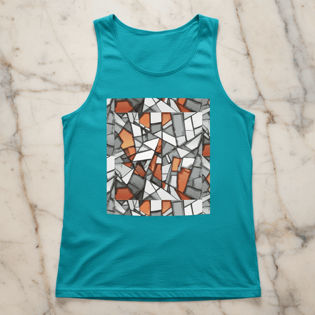 Shattered Stone Tank Top with large chest DTF print of broken geometric fragments in grey, white, and burnt orange on teal cotton