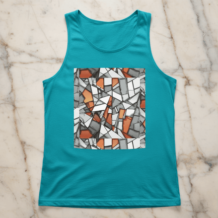 Shattered Stone Tank Top with large chest DTF print of broken geometric fragments in grey, white, and burnt orange on teal cotton