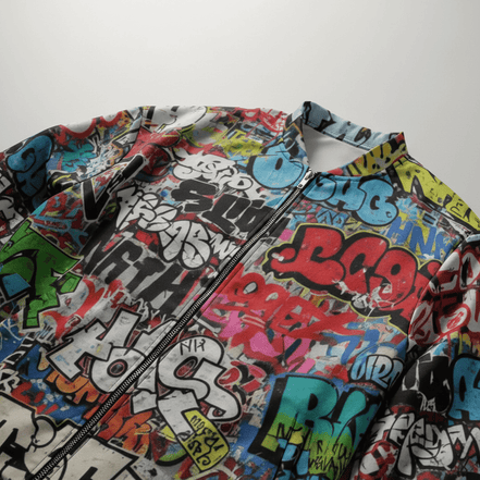 Graffiti Mashup AOP Bomber Jacket — White Street-Tag Collage Statement Outerwear for Urban Art Collectors - Aesthetic Rebellion