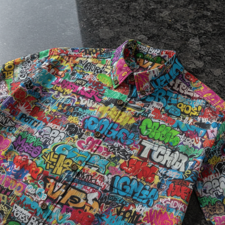 Graffiti Mural AOP Lapel Shirt | 125GSM Slub Cotton Long Sleeve - Aesthetic Rebellion