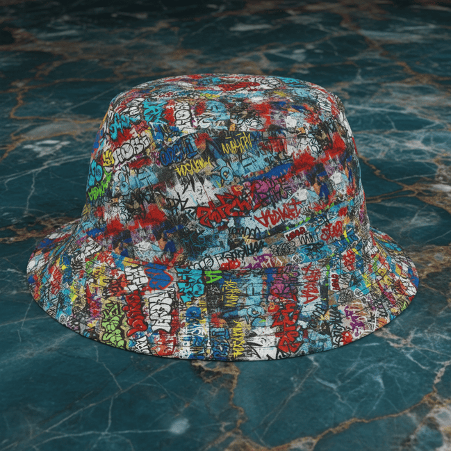 Graffiti Wall Bucket Hat with all-over spray paint graffiti tags and throw-ups in red, black, and multicolor on white base