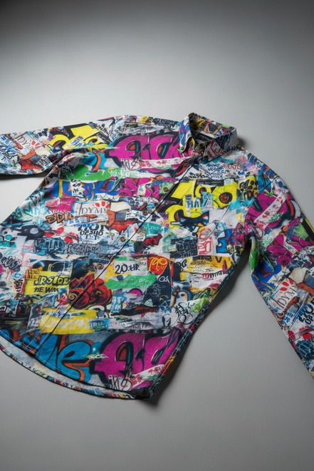 Graffiti Print Cotton Poplin Shirt for Creative Directors and — Graffiti-style street art print in vivid multicolor tones. Men's button-up shirt with dopamine dressing, wearable art movement, eclectic maximalism style. Aesthetic Rebellion.