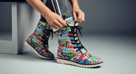 Graffiti Tag High-Top Plush Boots — Graffiti-style street art print in white tones. Unisex boots with weird girl aesthetic, art kid fashion, quiet chaos aesthetic style. Aesthetic Rebellion.