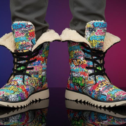 Graffiti Tag High-Top Plush Boots — Graffiti-style street art print in white tones. Unisex boots with weird girl aesthetic, art kid fashion, quiet chaos aesthetic style. Aesthetic Rebellion.