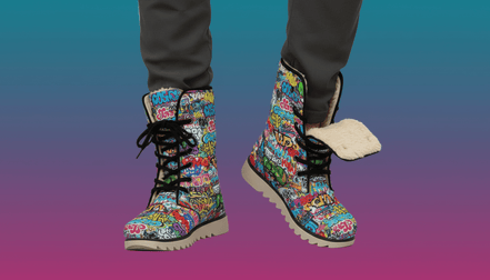 Graffiti Tag High-Top Plush Boots — Graffiti-style street art print in white tones. Unisex boots with weird girl aesthetic, art kid fashion, quiet chaos aesthetic style. Aesthetic Rebellion.