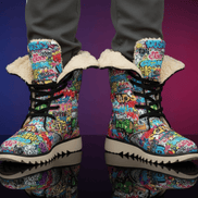 Graffiti Tag High-Top Plush Boots — Graffiti-style street art print in white tones. Unisex boots with weird girl aesthetic, art kid fashion, quiet chaos aesthetic style. Aesthetic Rebellion.