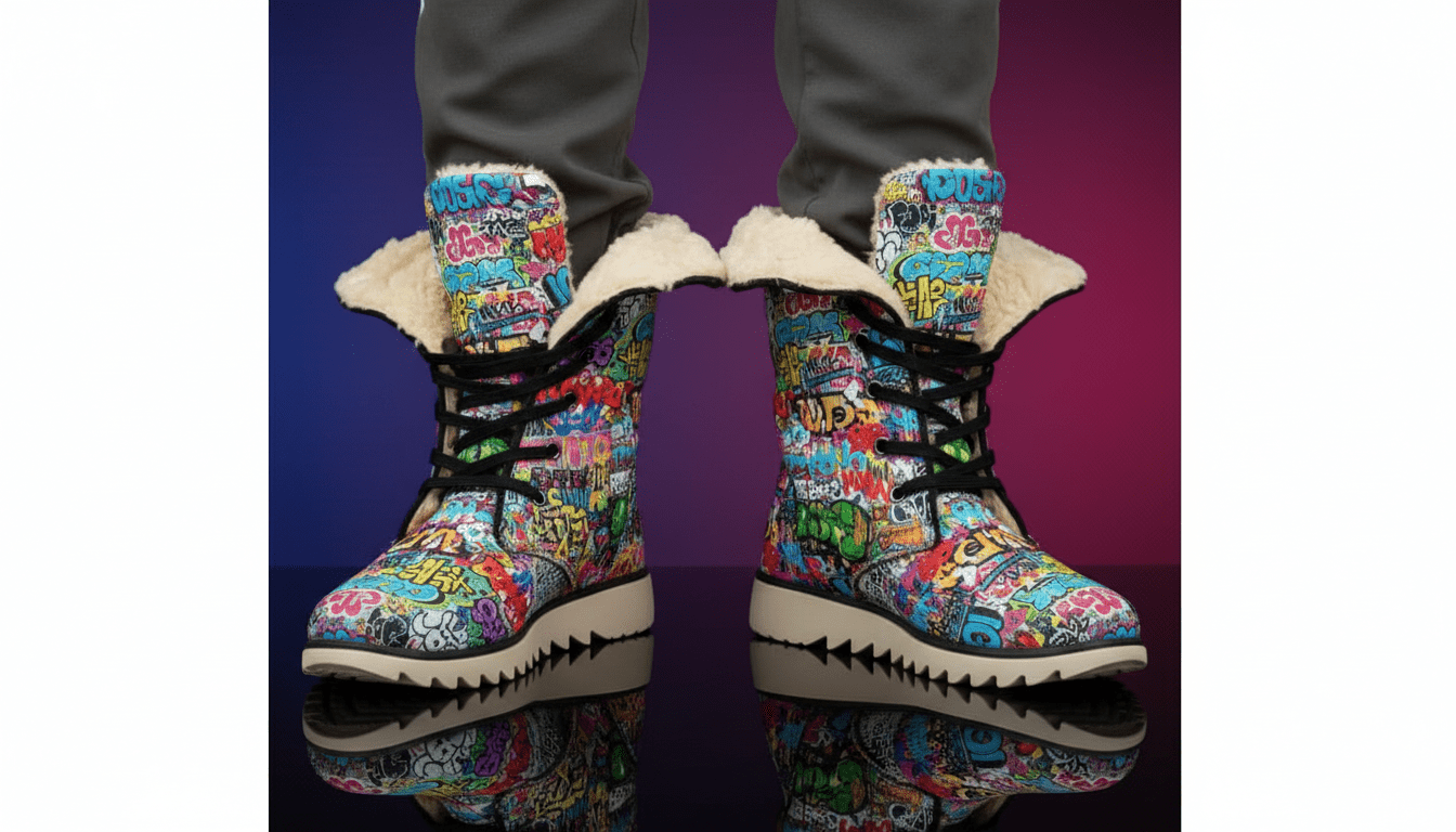 Graffiti Tag High-Top Plush Boots — Graffiti-style street art print in white tones. Unisex boots with weird girl aesthetic, art kid fashion, quiet chaos aesthetic style. Aesthetic Rebellion.