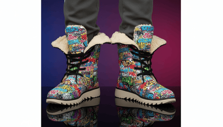 Graffiti Tag High-Top Plush Boots — Graffiti-style street art print in white tones. Unisex boots with weird girl aesthetic, art kid fashion, quiet chaos aesthetic style. Aesthetic Rebellion.