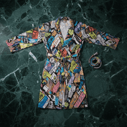 Tag Panel Kimono Robe with all-over stacked colorful graffiti panel and tag board collage print, laid flat showing full design
