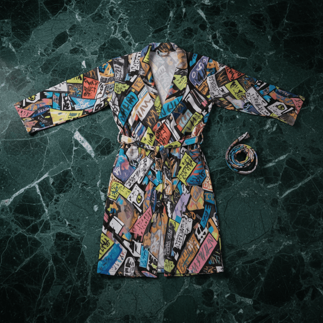 Tag Panel Kimono Robe with all-over stacked colorful graffiti panel and tag board collage print, laid flat showing full design