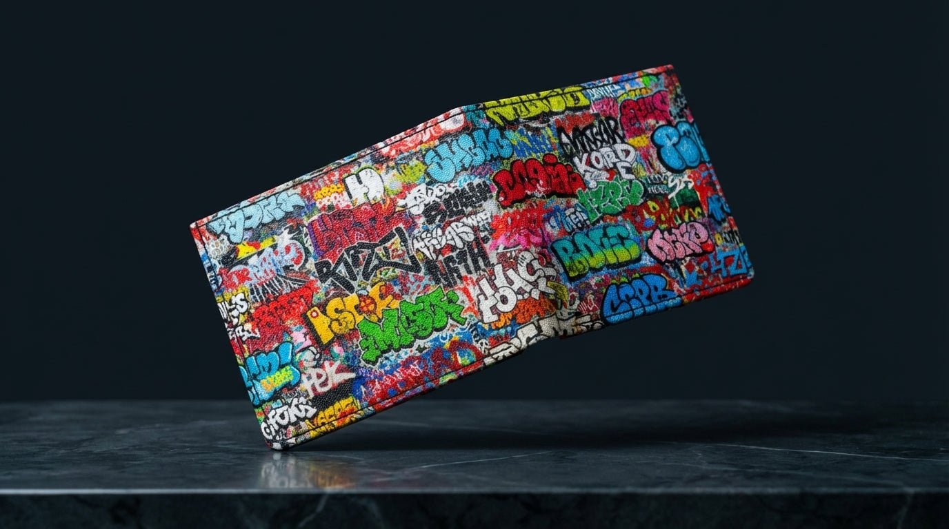 Graffiti Tag Wall Leather Wallet for Streetwear Collectors — Urban Spray-Paint AOP Bifold, Handmade to Order - Aesthetic Rebellion