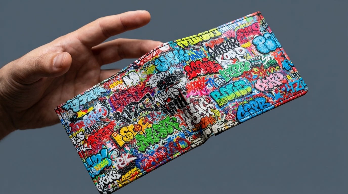 Graffiti Tag Wall Leather Wallet for Streetwear Collectors — Urban Spray-Paint AOP Bifold, Handmade to Order - Aesthetic Rebellion