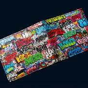 Tag Wall Leather Wallet in real Nappa leather with all-over graffiti throw-ups and street art tags in multicolor on white base