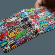 Graffiti Tag Wall Leather Wallet for Streetwear Collectors — Urban Spray-Paint AOP Bifold, Handmade to Order - Aesthetic Rebellion
