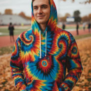 Inferno Vortex Tie-Dye AOP Hoodie for Psychedelic Streetwear Collectors — Hand-dyed spiral tie-dye pattern in rainbow tones. Unisex hoodie with art kid fashion, main character energy, hyperpop streetwear style. Aesthetic Rebellion.