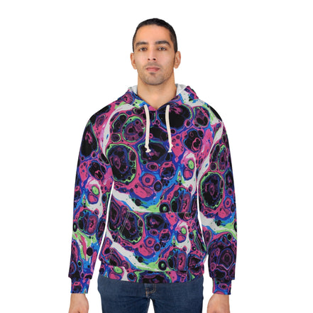 Liquid Psychedelic Neon Cellular AOP Hoodie by Dyles Mavis — Abstract Maximalist Motif Pullover, Electric Nightscape Print - Aesthetic Rebellion