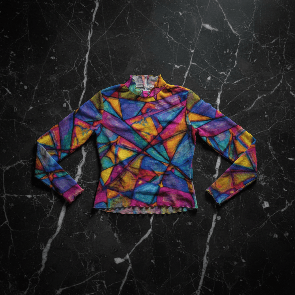 Magnetic Maiden Mesh Top long-sleeve skinny fit with bold geometric stained glass AOP pattern in purple, blue, orange, teal, and yellow, front view