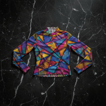 Magnetic Maiden Mesh Top long-sleeve skinny fit with bold geometric stained glass AOP pattern in purple, blue, orange, teal, and yellow, front view