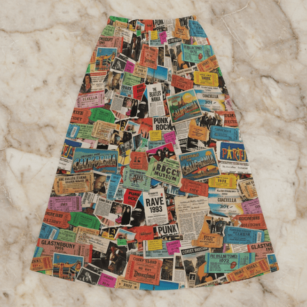 Ticket Collage High-Waist Midi Dress flat lay on marble surface, 180gsm milk-fiber with vintage concert ticket stub collage pattern including Coachella, Rave 1993, California, Glastonbury