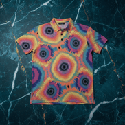 Solar Ring AOP Polo ribbed stretch polyester with full-coverage tie-dye bullseye concentric ring pattern in orange, yellow, teal, and purple on dark marble, short sleeve with collar