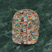 Ticket To Somewhere Snapback baseball cap covered in vintage concert ticket stub collage with Coachella, Rave 1993, Beatles, Glastonbury, California, Punk Rock stubs on dark green marble
