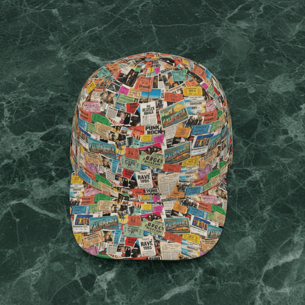 Ticket To Somewhere Snapback baseball cap covered in vintage concert ticket stub collage with Coachella, Rave 1993, Beatles, Glastonbury, California, Punk Rock stubs on dark green marble