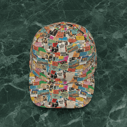 Ticket To Somewhere Snapback baseball cap covered in vintage concert ticket stub collage with Coachella, Rave 1993, Beatles, Glastonbury, California, Punk Rock stubs on dark green marble