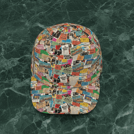 Ticket To Somewhere Snapback baseball cap covered in vintage concert ticket stub collage with Coachella, Rave 1993, Beatles, Glastonbury, California, Punk Rock stubs on dark green marble
