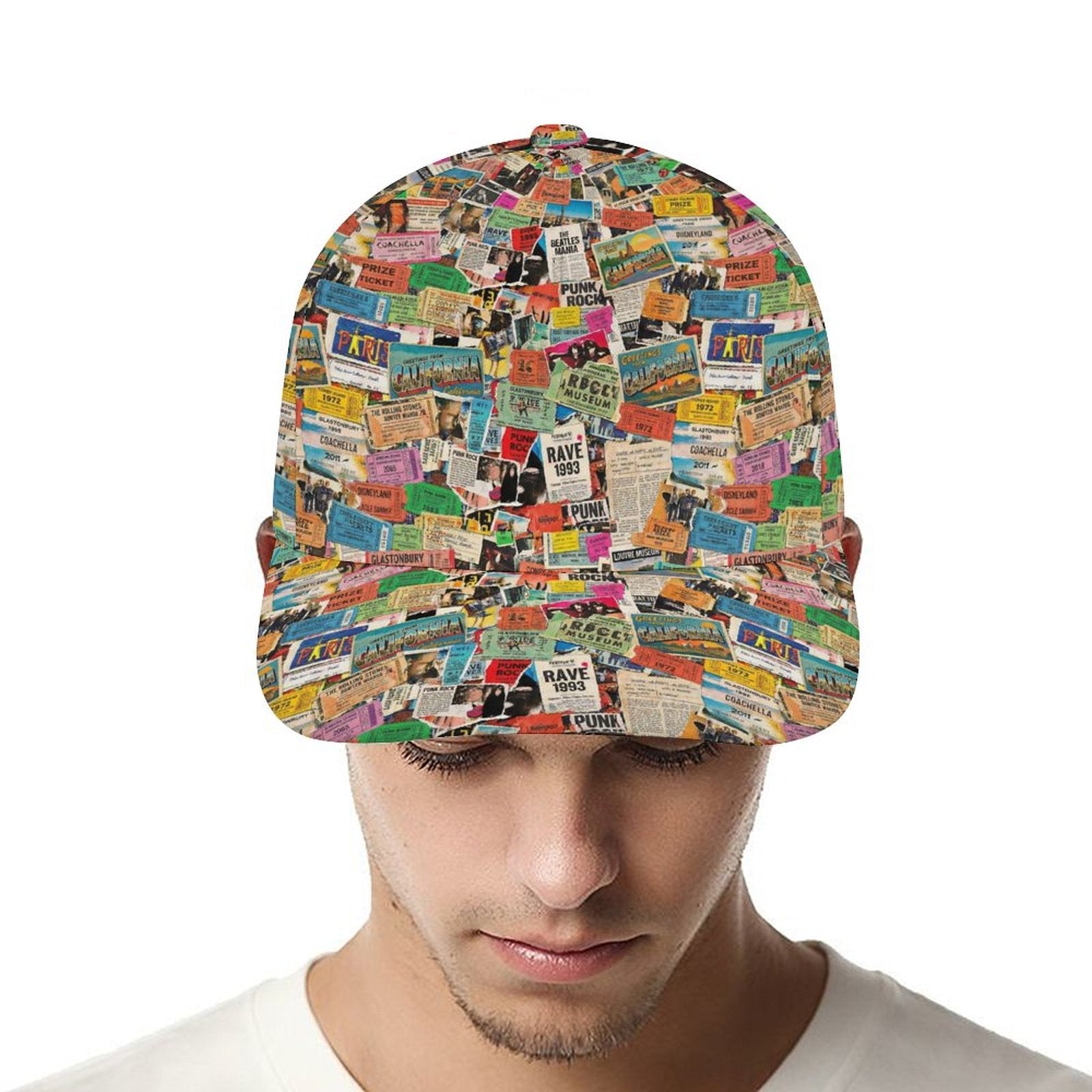 Maximalist AOP Snapback for Wanderlust Dressers — All-over print in vivid multicolor tones. Unisex baseball cap with main character energy, festival core 2026, art kid fashion style. Aesthetic Rebellion.