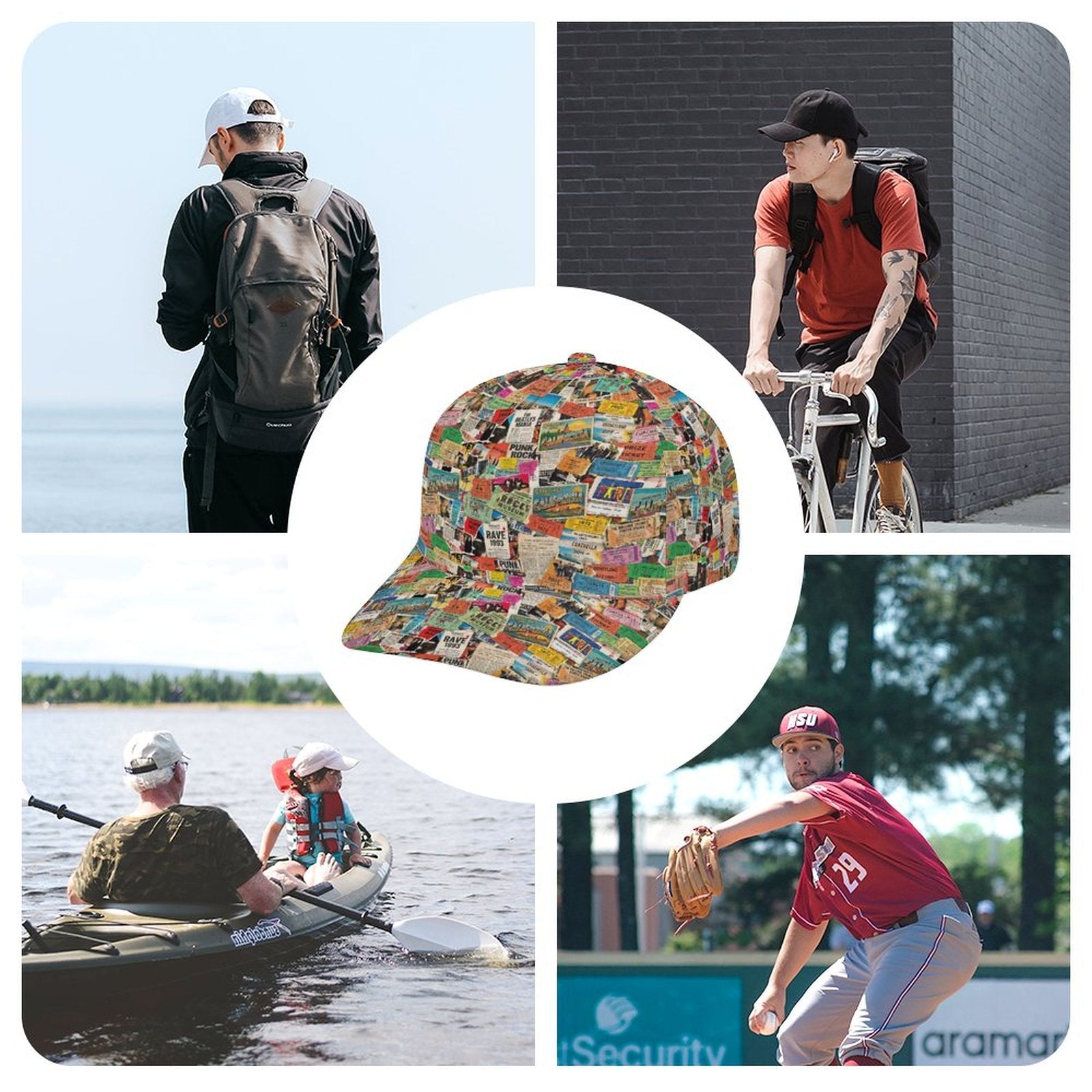 Maximalist AOP Snapback for Wanderlust Dressers — All-over print in vivid multicolor tones. Unisex baseball cap with main character energy, festival core 2026, art kid fashion style. Aesthetic Rebellion.