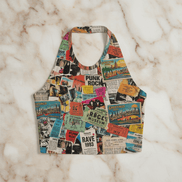 Ticket Collage Halter Crop Top in 180gsm milk-silk with vintage concert ticket stub collage including Rave 1993, Punk Rock, Coachella, California, Beatles, flat lay on marble with heart cutout neckline
