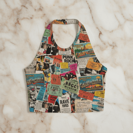 Ticket Collage Halter Crop Top in 180gsm milk-silk with vintage concert ticket stub collage including Rave 1993, Punk Rock, Coachella, California, Beatles, flat lay on marble with heart cutout neckline