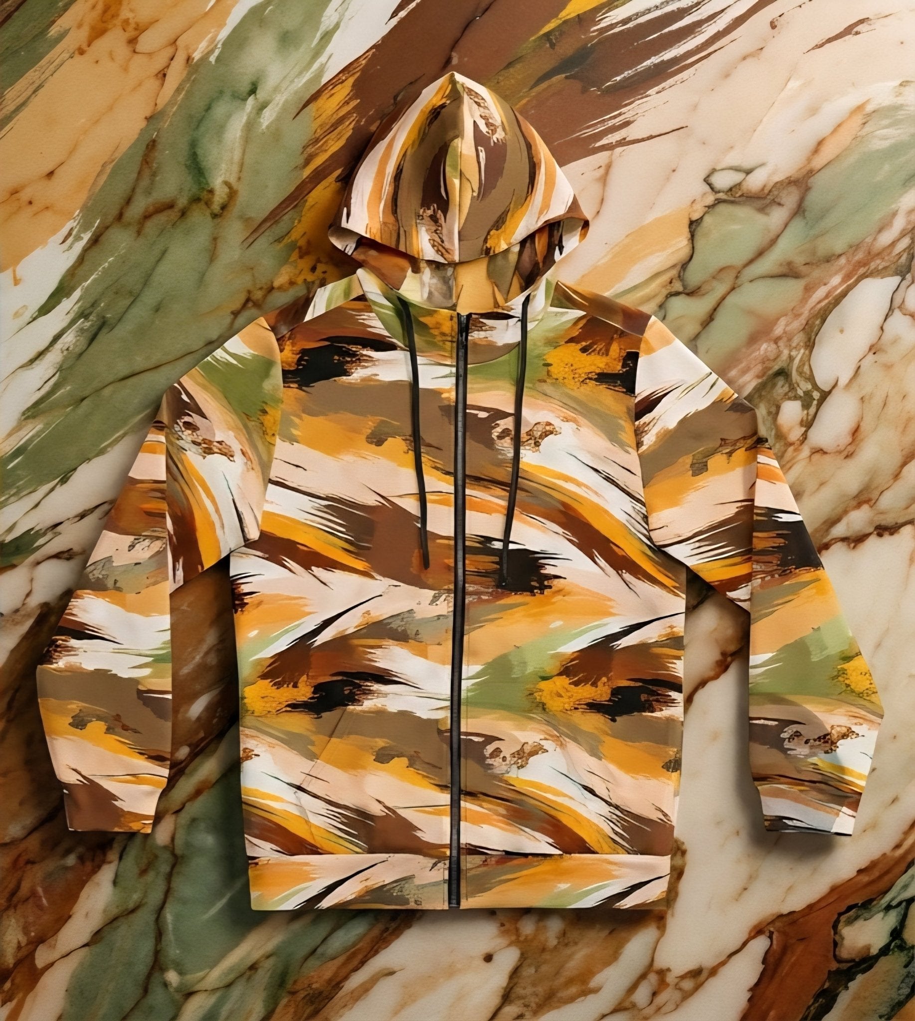 Autumn Brushstroke Zip Hoodie women's full-zip in warm ochre, caramel, olive, rust, and cream sweeping brushstroke pattern with drawstring hood, flat lay on marble