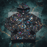 Circuit Mosaic Zip Hoodie in heavyweight cotton with intricate geometric micro-mosaic pattern in blue, gold, magenta, and white on black ground, black ribbed cuffs and hem, flat lay on green marble