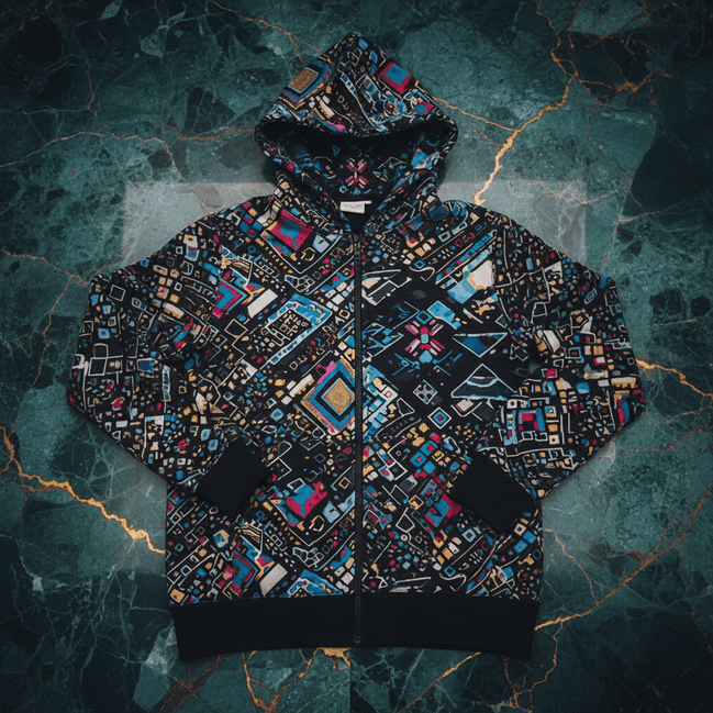 Circuit Mosaic Zip Hoodie in heavyweight cotton with intricate geometric micro-mosaic pattern in blue, gold, magenta, and white on black ground, black ribbed cuffs and hem, flat lay on green marble