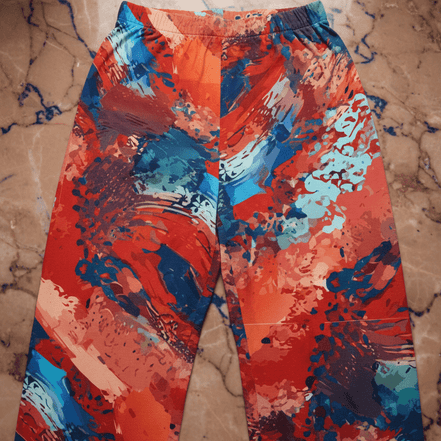 Paint Storm Kids Joggers in ultra-soft brushed polyester with bold abstract painterly pattern in red, coral, teal, and deep blue brushstrokes, elastic waist, flat lay