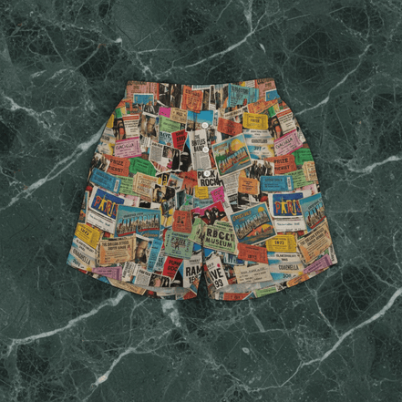 Ticket Collage Lounge Shorts in soft stretch fabric with vintage concert ticket stub collage including Coachella, Rave 1993, California, Punk Rock stubs, elastic waist, flat lay on green marble