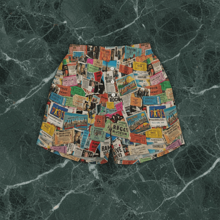 Ticket Collage Lounge Shorts in soft stretch fabric with vintage concert ticket stub collage including Coachella, Rave 1993, California, Punk Rock stubs, elastic waist, flat lay on green marble