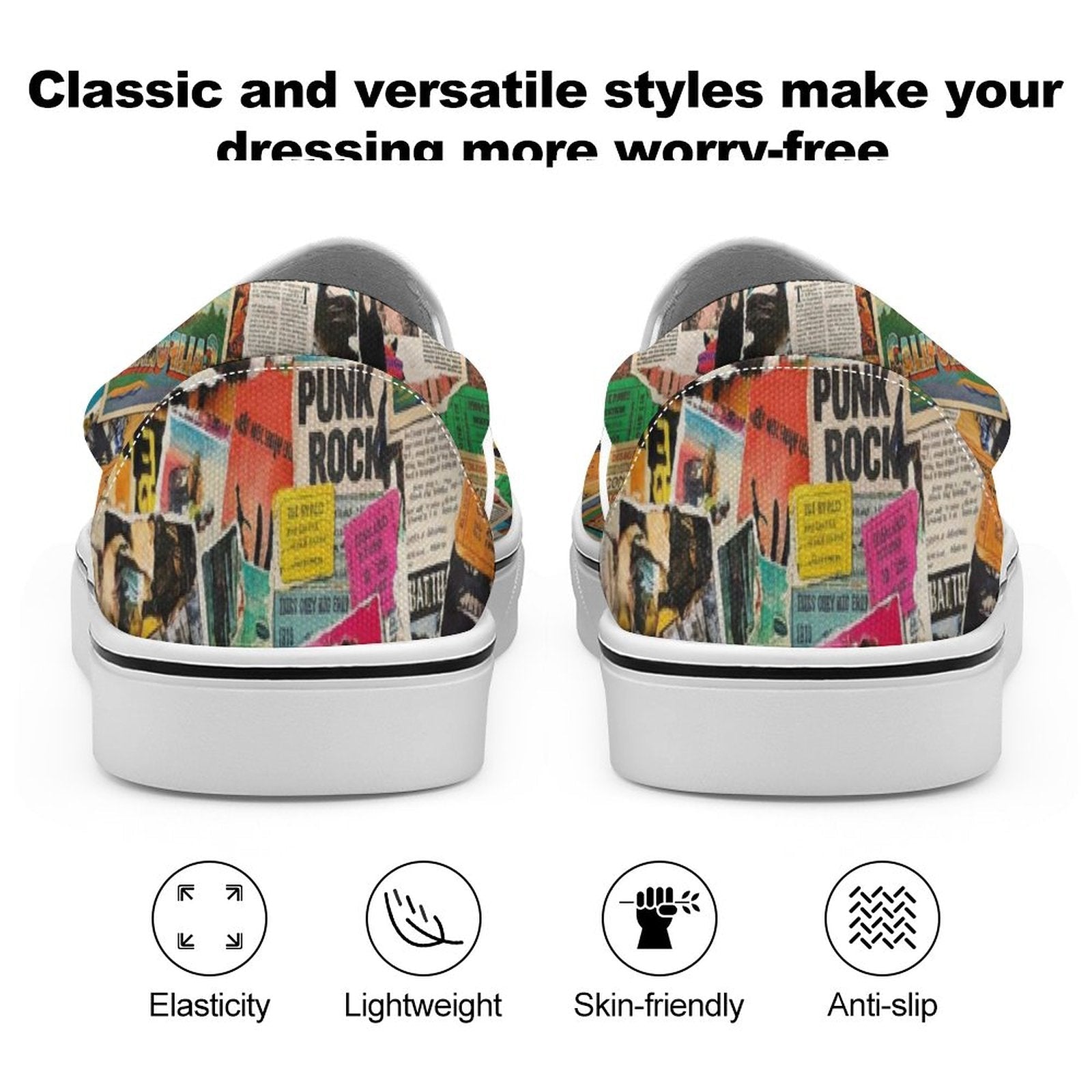 Maximalist Slip-On Shoes for Art-First Dressers — All-over print in vivid multicolor tones. Women's slip-on shoes with weird girl aesthetic, wearable art movement, dopamine dressing style. Aesthetic Rebellion.