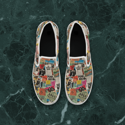 Ticket Collage Slip-On Sneakers pair from above, canvas uppers covered in vintage concert ticket stub collage with Beatles Mania, Punk Rock, and RBCC Museum stubs, white soles on dark green marble