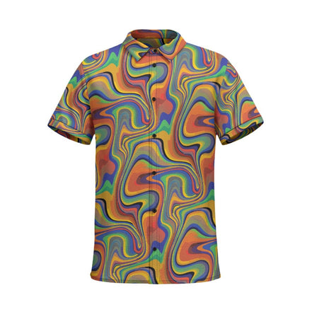 Liquid Groove Button-Up Shirt short sleeve with flowing psychedelic liquid swirl pattern in orange, blue, green, gold, and rust, classic collar and button front, flat lay
