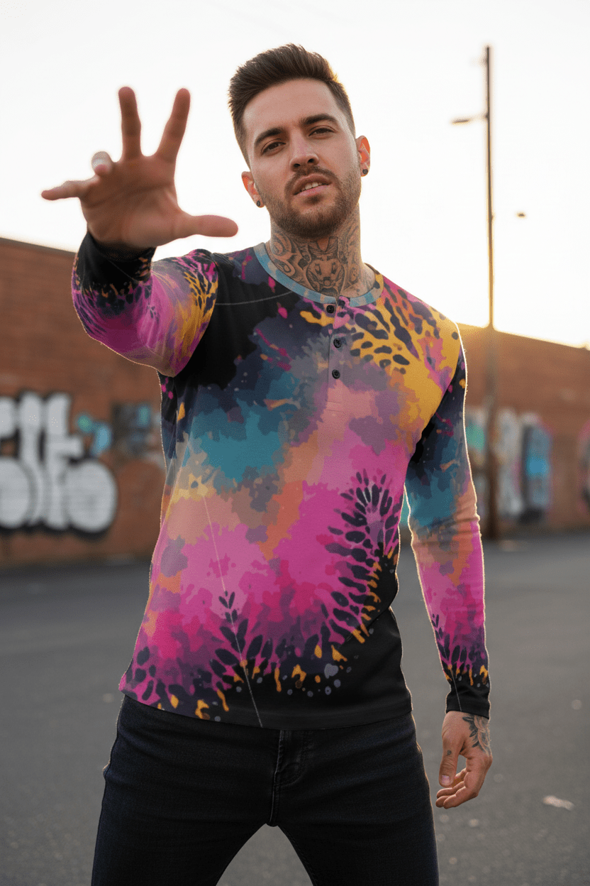 Men's Henley Shirt – Pink Black Liquid Grunge Art Long Sleeve Streetwear Aesthetic Rebellion